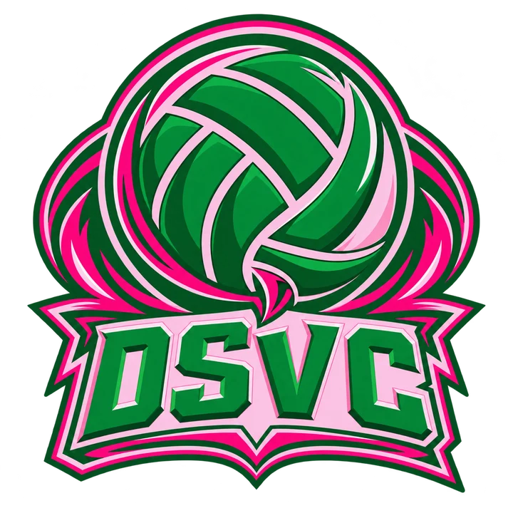 DSVC badge: a green and pink volleyball above the letters DSVC